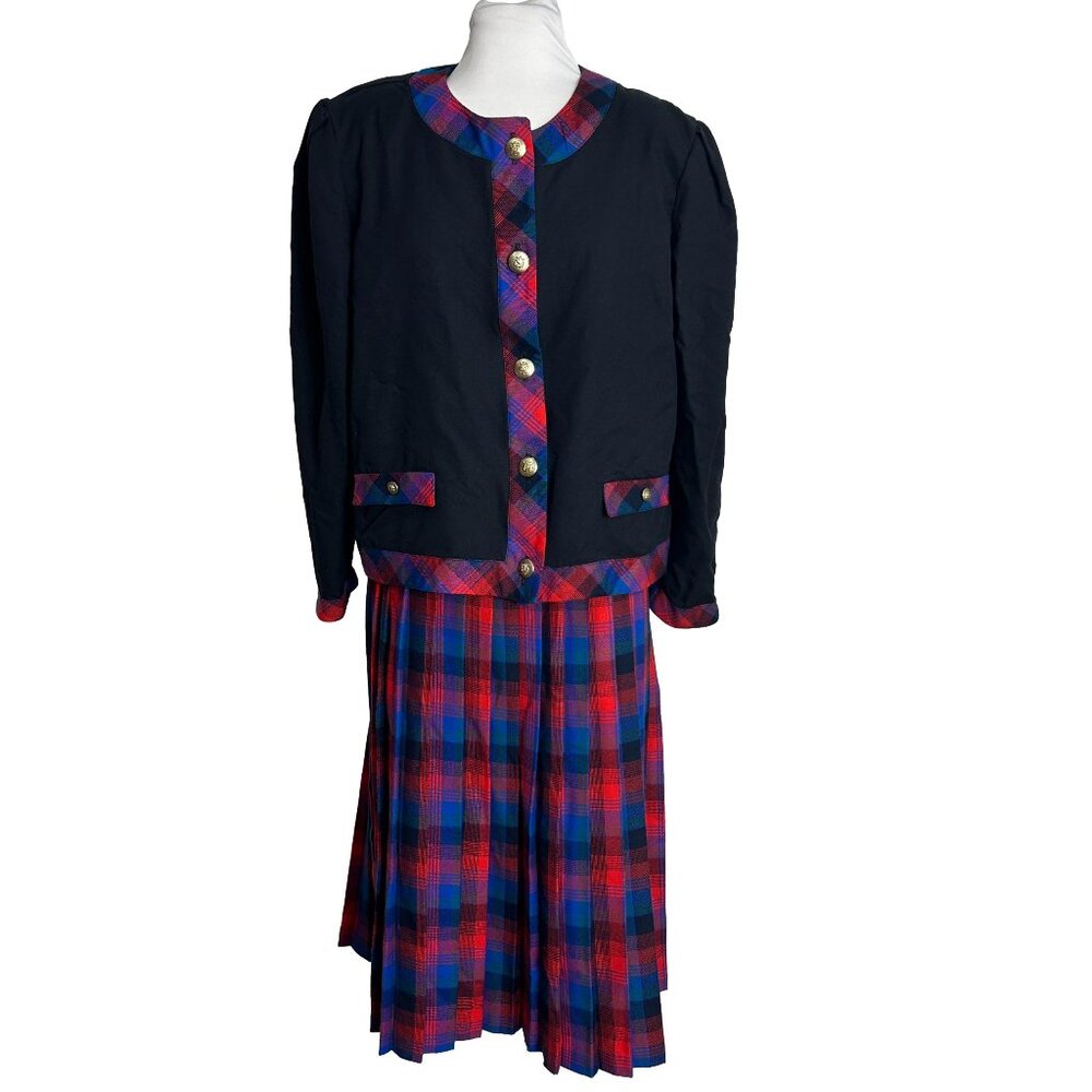 Vtg MGM Womens Size 14 Suit Black Tartan Plaid Skirt Pink Blue Pleated Secretary